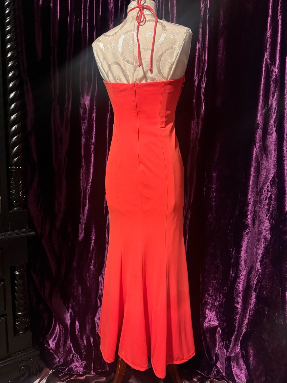 Orange Halter Evening Gown with Jewel Detail - Picture 6 of 9